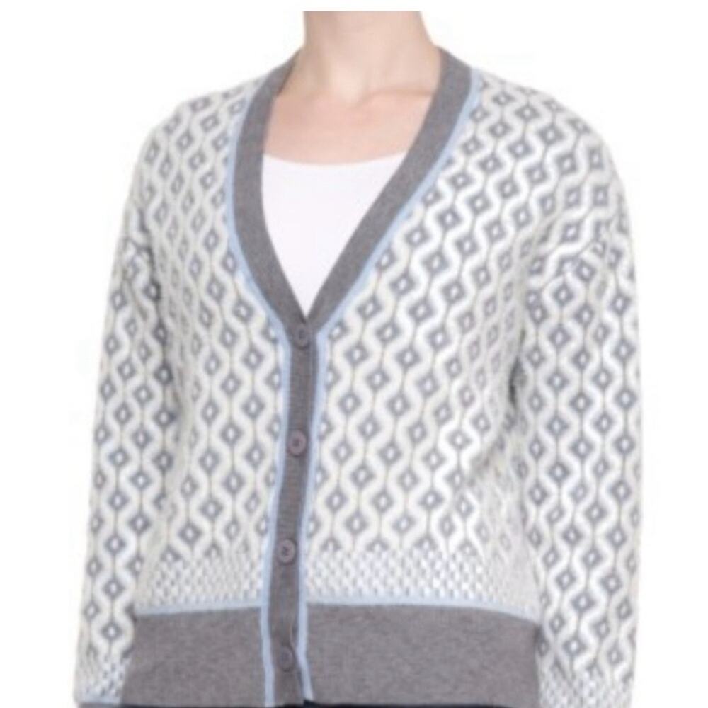 Cupcakes and Cashmere Gray, White & Blue Sweater Fuzzy Cardigan with Buttons XS